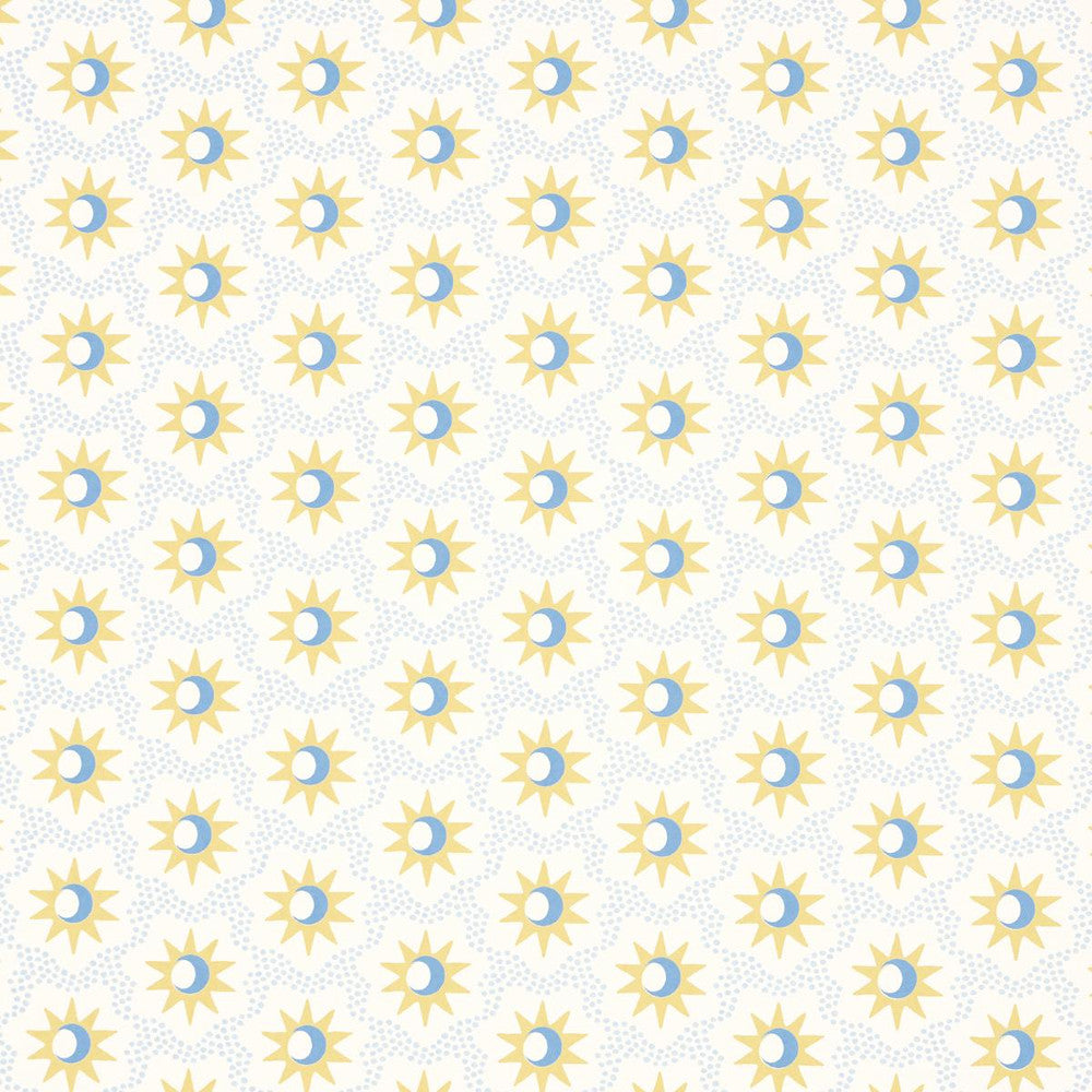 Lucie Yellow & Sky 5015760 by Schumacher Designer Wallpaper Domino Effect 3.88" - Swanky Fabrics -
