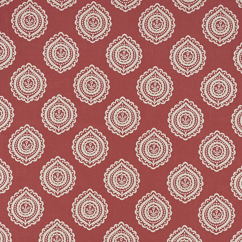 Olana Linen Embroidery Tuscan Red 70204 by Schumacher Designer Fabric CONTEMPORARY EMBROIDERIES See Sample INDIA - </p><p>Repeat: Horizontal: 12 5/8" (32CM) and Vertical: 12 1/2" (32CM) 50 1/8" (127CM) - Swanky Fabrics -