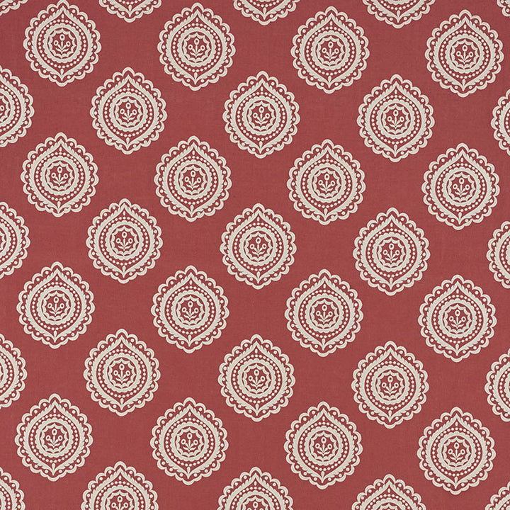 Olana Linen Embroidery Tuscan Red 70204 by Schumacher Designer Fabric CONTEMPORARY EMBROIDERIES LINEN 60% VISCOSE RAYON 34% INDIA </p><p>Repeat: Horizontal: 12 5/8" (32CM) and Vertical: 12 1/2" (32CM) 50.125 - Swanky Fabrics -