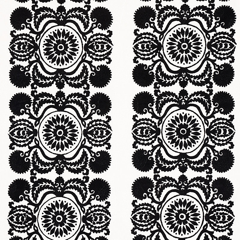 Castanet Embroidery Black 70263 by Schumacher Designer Fabric BOHEMIA LINEN 80% SPUN VISCOSE 20% INDIA </p><p>Repeat: Horizontal: VERT. 25 7/8" (66CM) and Vertical: 15 5/8" (40CM) 52 - Swanky Fabrics -