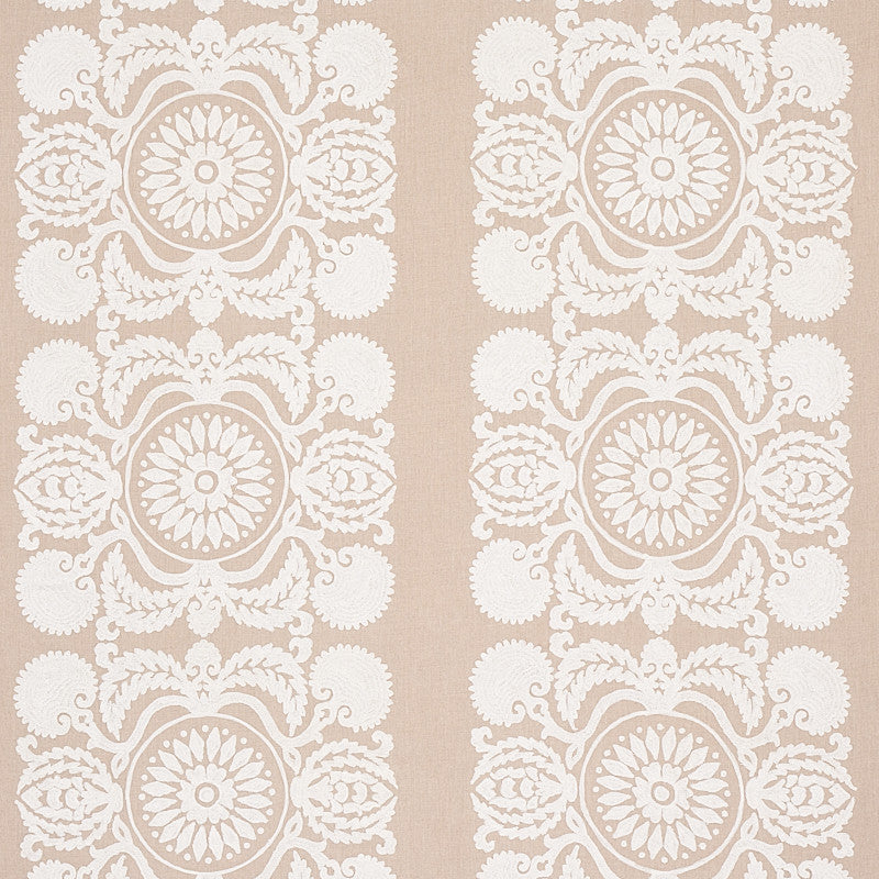 Castanet Embroidery Natural 70264 by Schumacher Designer Fabric BOHEMIA LINEN 80% SPUN VISCOSE 20% INDIA </p><p>Repeat: Horizontal: VERT. 25 7/8" (66CM) and Vertical: 15 5/8" (40CM) 52 - Swanky Fabrics -