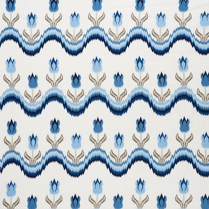 Tulip Flamestitch Embroidery Blue 70272 by Schumacher Designer Fabric Contemporary-Embroideries 55% Polyester, 25% Linen, 20% Cotton - Horizontal: 51 and Vertical: 28.25 51 - Swanky Fabrics -