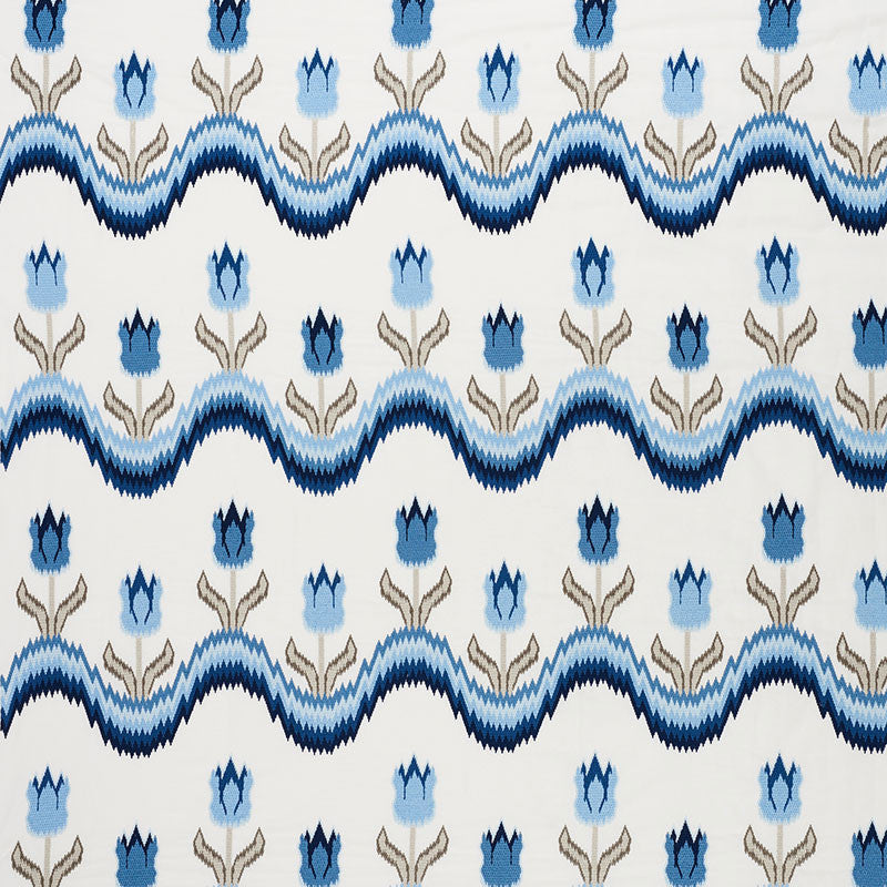 Tulip Flamestitch Embroidery Blue 70272 by Schumacher Designer Fabric CONTEMPORARY EMBROIDERIES POLYESTER 55% LINEN 25% INDIA </p><p>Repeat: Horizontal: 51" (130CM) and Vertical: 28 1/4" (72CM) 51 - Swanky Fabrics -