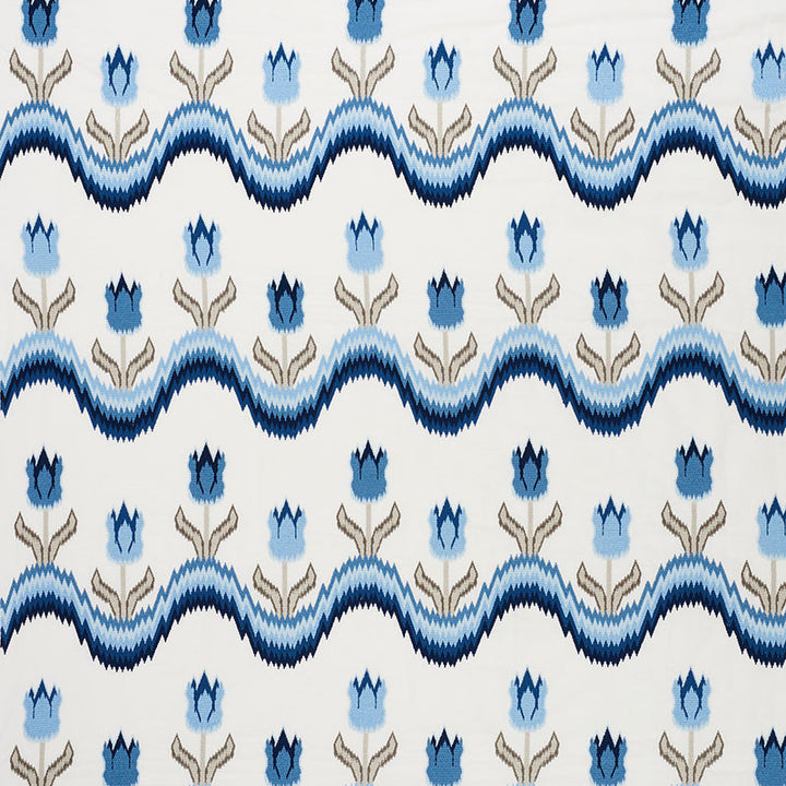 Tulip Flamestitch Embroidery Blue 70272 by Schumacher Designer Fabric CONTEMPORARY EMBROIDERIES POLYESTER 55% LINEN 25% INDIA </p><p>Repeat: Horizontal: 51" (130CM) and Vertical: 28 1/4" (72CM) 51 - Swanky Fabrics -