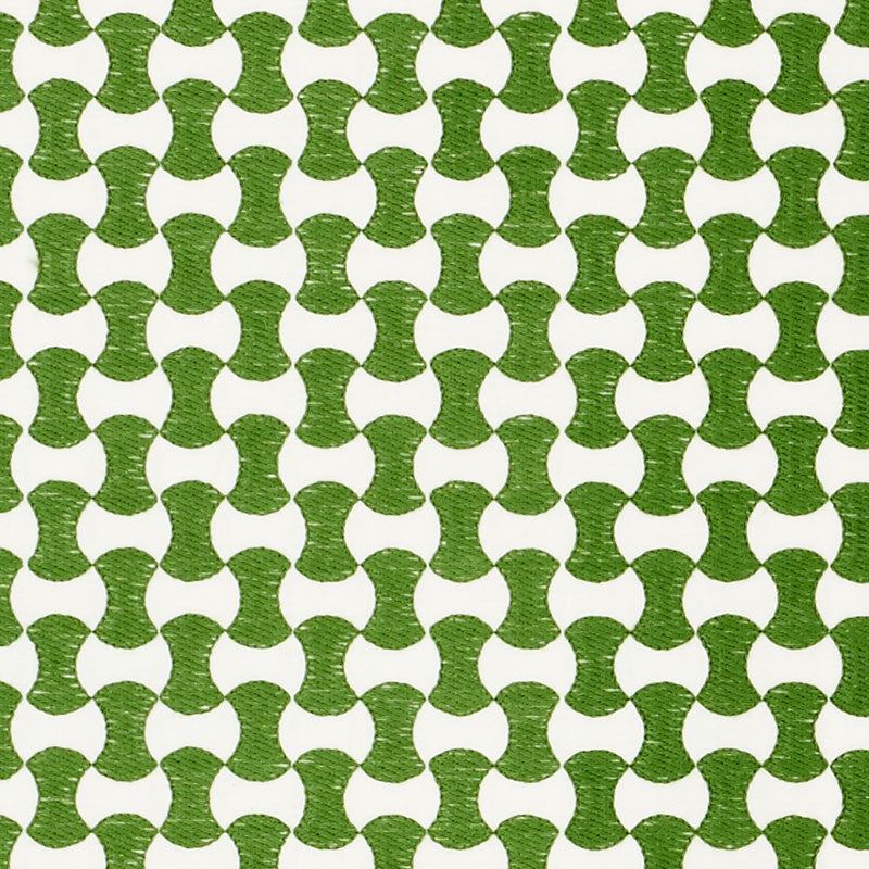 Nolita Embroidery Green 70375 by Schumacher Designer Fabric HAPPY TOGETHER II COTTON 63% SPUN VISCOSE 37% INDIA MARTINDALE 10,000 </p><p>Repeat: Horizontal: 3/4" (2CM) and Vertical: 1 1/2" (4CM) 50.625 - Swanky Fabrics -
