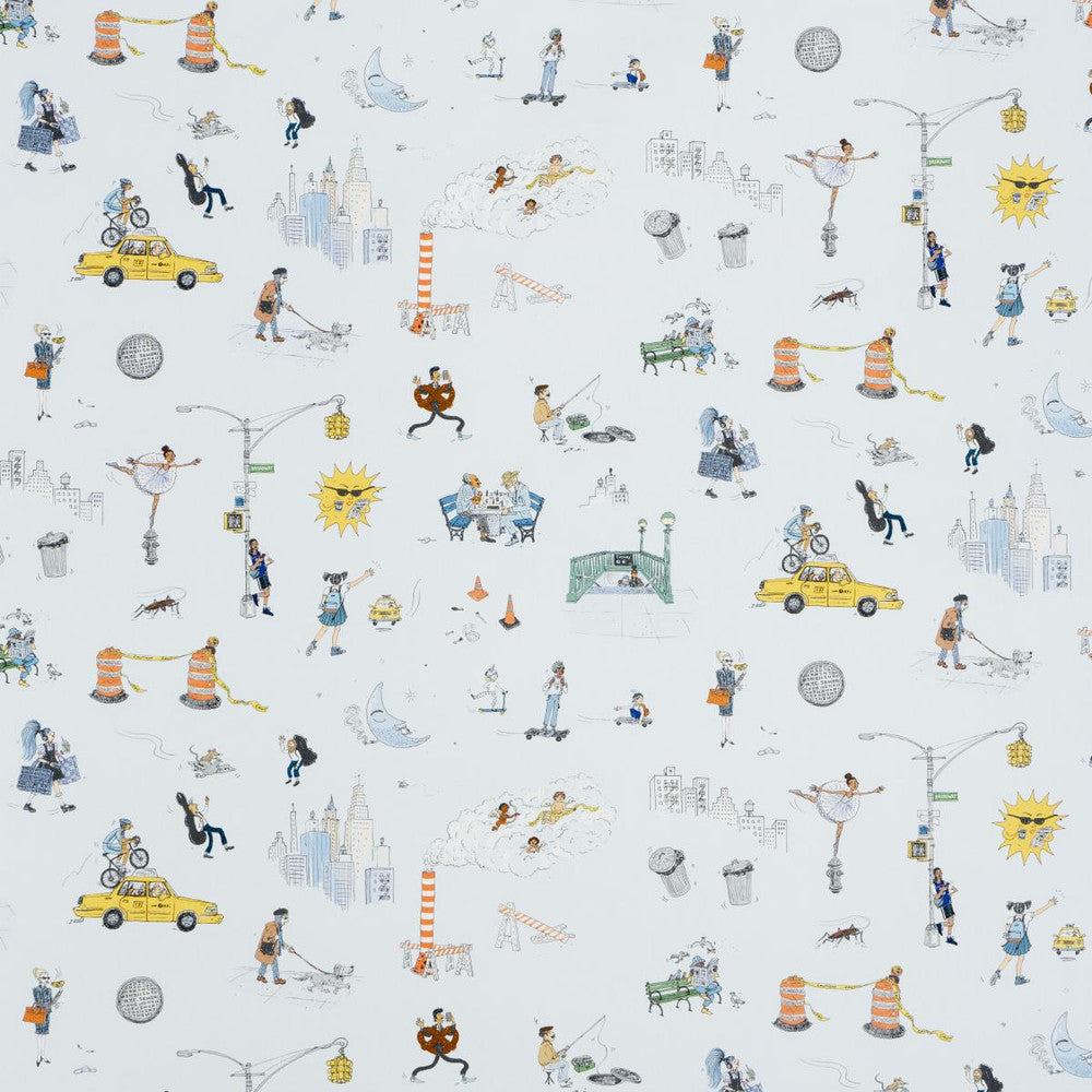 Joana Avillez'S Street Scenes Multicolor On Sky Blue 182330 by Schumacher Designer Fabric The New Yorker 27.0" - Swanky Fabrics -