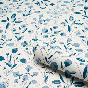 Frances Scallop Floral Blues 5015962 by Schumacher Designer Wallpaper