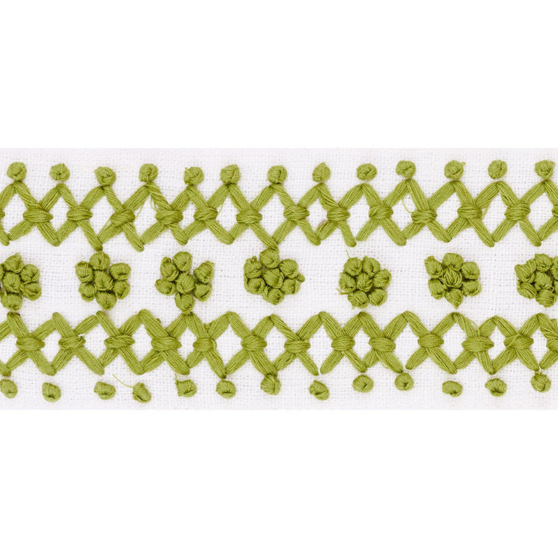 Sunnyvale Tape Leaf 70638 by Schumacher Designer Trim COUTURE TRIMS See Sample INDIA - </p><p>Repeat: Horizontal: 3/4" (2CM) and Vertical: - 2 1/4" (6CM) - Swanky Fabrics -
