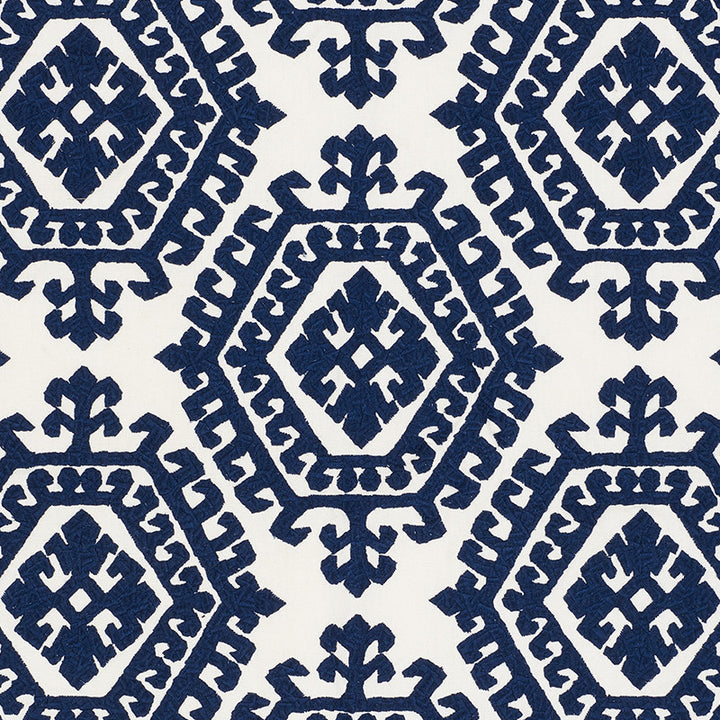 Omar Embroidery Navy 71941 by Schumacher Designer Fabric Caravanne 46% Polyester, 28% Linen, 26% Cotton Martindale 50,000 Horizontal: 16.75 and Vertical: 14.75 51 - Swanky Fabrics -