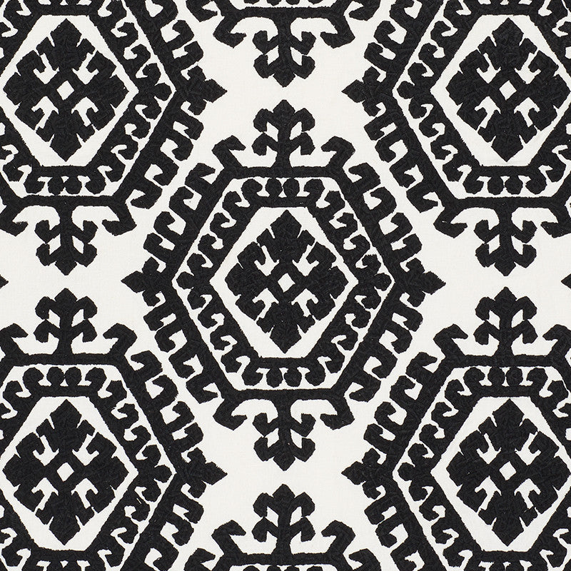 Omar Embroidery Black 71942 by Schumacher Designer Fabric Caravanne 46% Polyester, 28% Linen, 26% Cotton Martindale 50,000 Horizontal: 16.75 and Vertical: 14.75 51 - Swanky Fabrics -