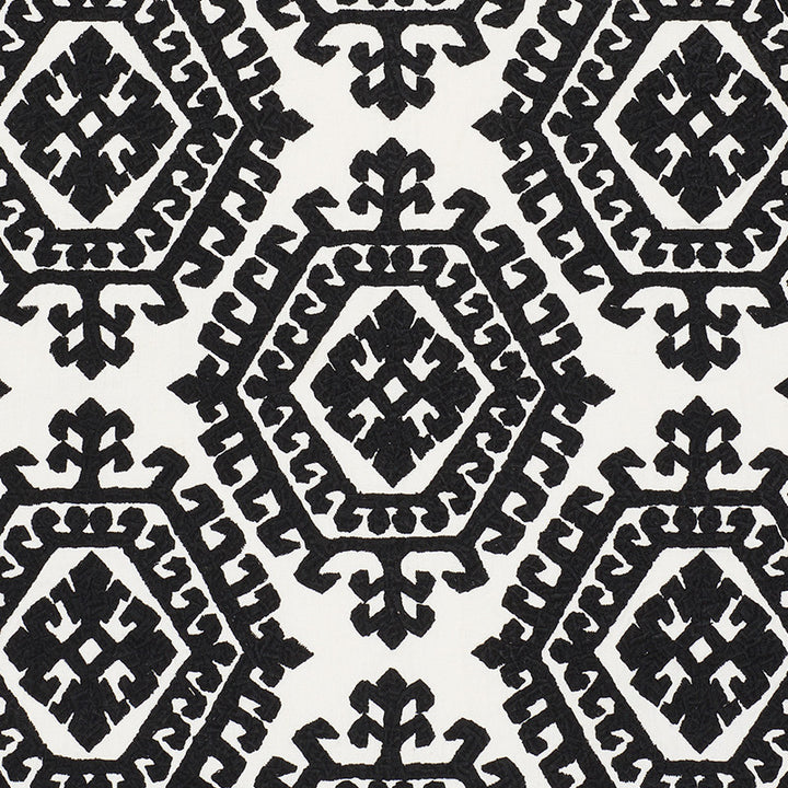 Omar Embroidery Black 71942 by Schumacher Designer Fabric Caravanne 46% Polyester, 28% Linen, 26% Cotton Martindale 50,000 Horizontal: 16.75 and Vertical: 14.75 51 - Swanky Fabrics -