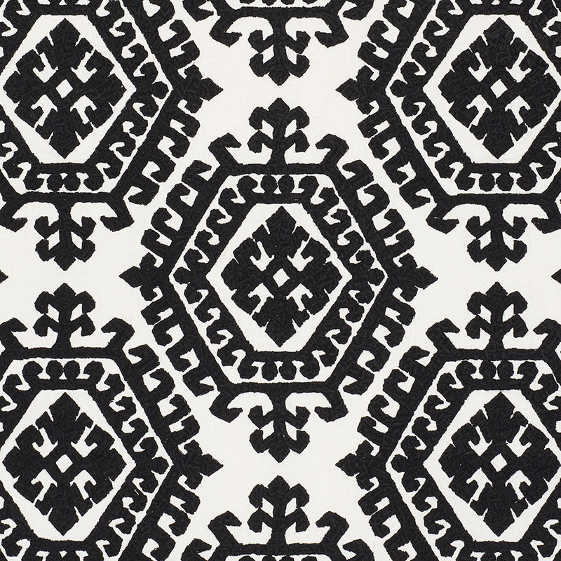 Omar Embroidery Black 71942 by Schumacher Fabric Schumacher Fabric Omar Embroidery Black 71942Fabric POLYESTER 46% INDIA </p><p>Repeat: H: HORZ. 16 3/4" (43CM) , V: VERT. 14 3/4" (37CM) 51 - Fabric Carolina -