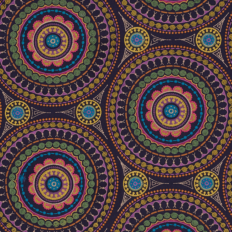 Idris Embroidery Navy & Multi 71950 by Schumacher Designer Fabric Caravanne 40% Linen, 33% Cotton, 27% Polyester Martindale 24,000 Horizontal: 25 and Vertical: 15 52 - Swanky Fabrics -