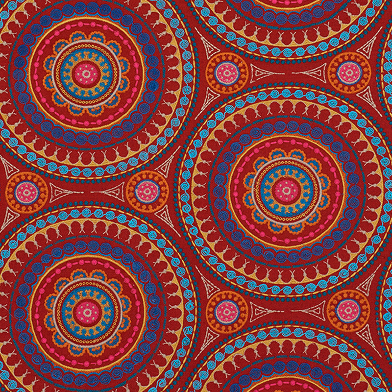 Idris Embroidery Red & Multi 71951 by Schumacher Designer Fabric Caravanne 40% Linen, 33% Cotton, 27% Polyester Martindale 24,000 Horizontal: 25 and Vertical: 15 52 - Swanky Fabrics -