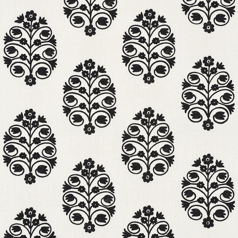 Talitha Embroidery Blackwork 72090 by Schumacher Designer Fabric VOGUE LIVING LINEN 70% SPUN VISCOSE 30% INDIA </p><p>Repeat: Horizontal: 12 1/2" (32CM) and Vertical: 10 1/4" (26CM) 50 - Swanky Fabrics -