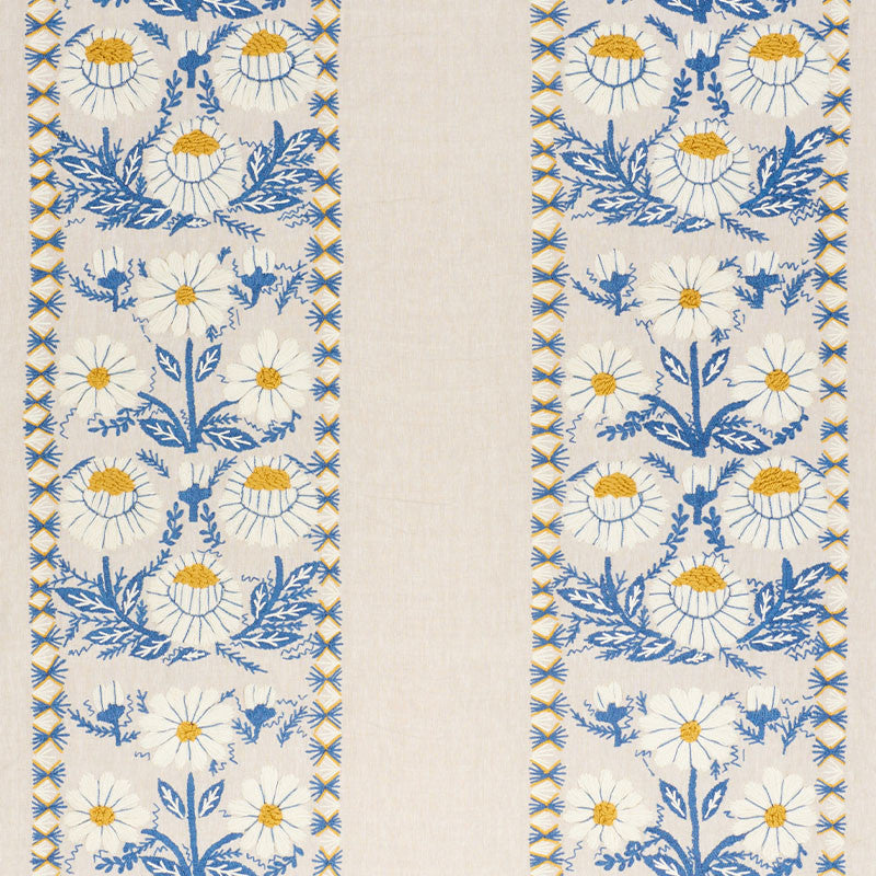Marguerite Embroidery Blue & Ochre 72332 by Schumacher Designer Fabric REVISIT OF POPULAR PATTERNS See Sample INDIA - </p><p>Repeat: Horizontal: 25" (64CM) and Vertical: 23" (58CM) 54" (137CM) - Swanky Fabrics -