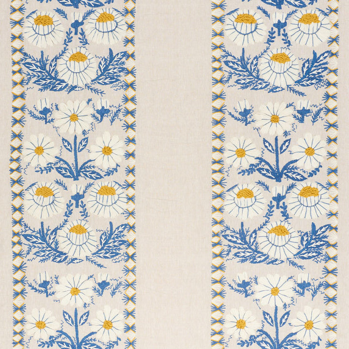Marguerite Embroidery Blue & Ochre 72332 by Schumacher Designer Fabric REVISIT OF POPULAR PATTERNS See Sample INDIA - </p><p>Repeat: Horizontal: 25" (64CM) and Vertical: 23" (58CM) 54" (137CM) - Swanky Fabrics -