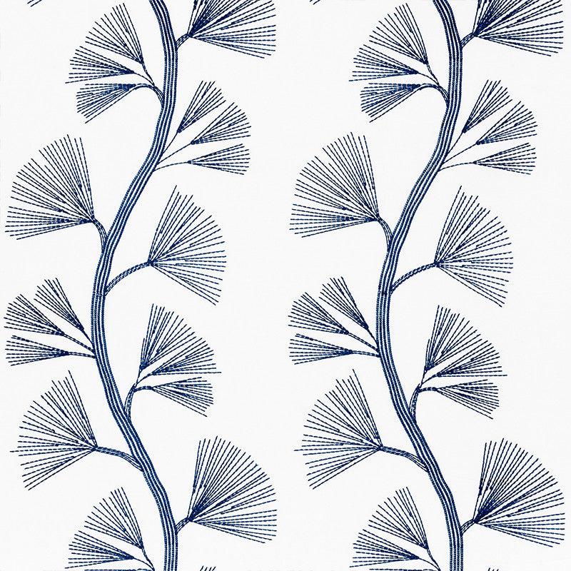 Ginkgo Embroidery Marine 73081 by Schumacher Designer Fabric Orient-Express 42% Cotton, 34% Linen, 24% Rayon Martindale 19,000 Horizontal: 18 and Vertical: 30.5 58 - Swanky Fabrics -