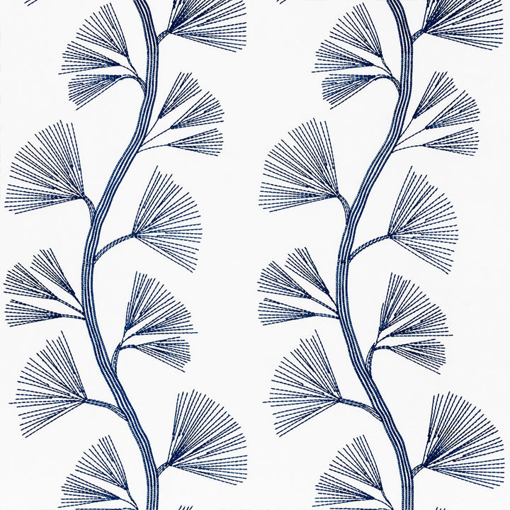 Ginkgo Embroidery Marine 73081 by Schumacher Designer Fabric Orient-Express 42% Cotton, 34% Linen, 24% Rayon Martindale 19,000 Horizontal: 18 and Vertical: 30.5 58 - Swanky Fabrics -