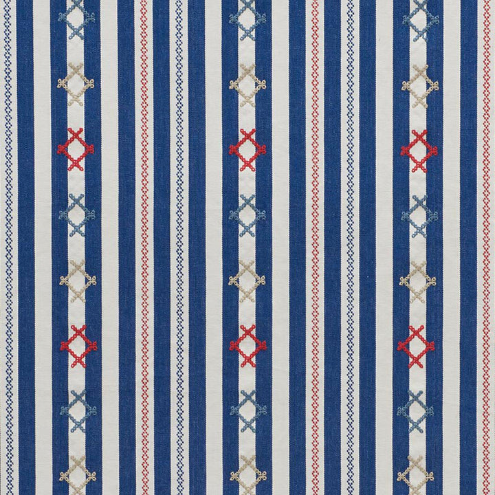 Rhodes Stripe Navy 74460 by Schumacher Designer Fabric Primitive-Beauty 88% Cotton, 12% Polyester Martindale 18,000 Horizontal: 6.625 and Vertical: 7.625 54.25 - Swanky Fabrics -