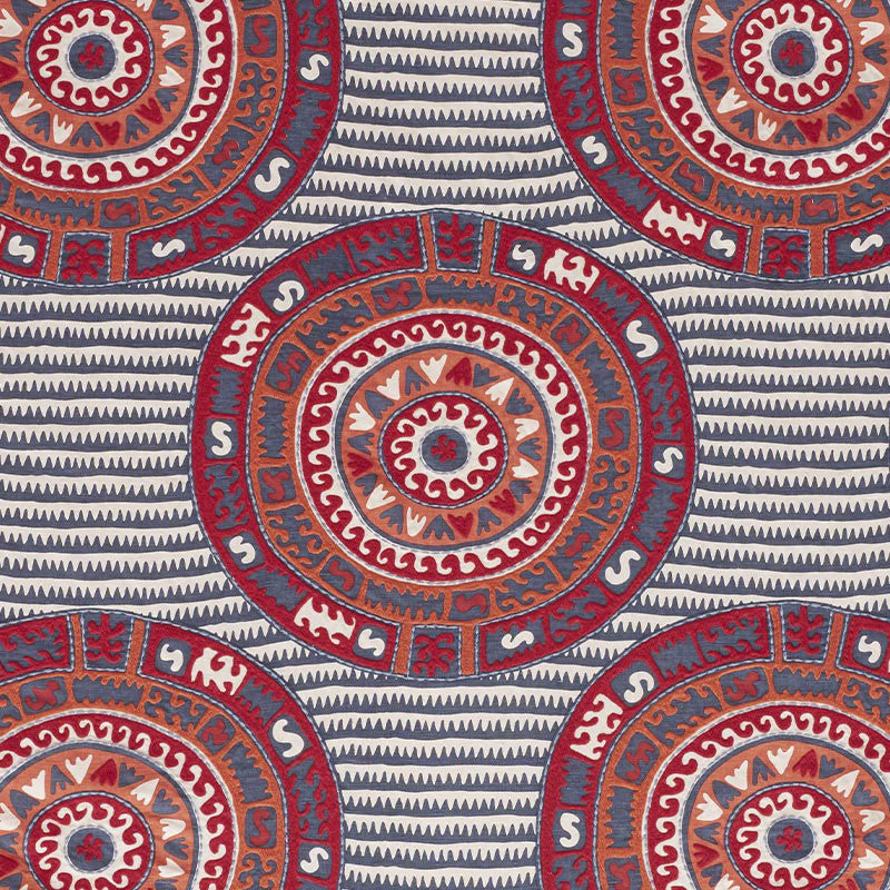 Corfu Navy Multi 74470 by Schumacher Designer Fabric Primitive-Beauty 40% Polyester, 35% Linen, 25% Cotton - Horizontal: 26 and Vertical: 29.25 53 - Swanky Fabrics -