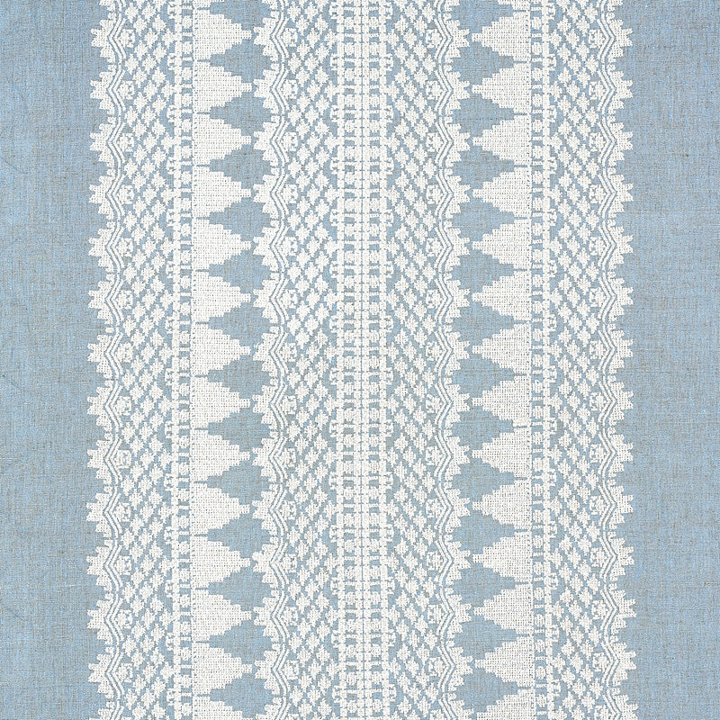 Wentworth Embroidery Chambray 75475 by Schumacher Designer Fabric RHAPSODY IN BLUE LINEN 50% COTTON 50% INDIA </p><p>Repeat: Horizontal: 26 1/2" (67CM) and Vertical: 2 1/4" (6CM) 53 - Swanky Fabrics -