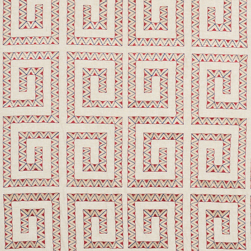 Prado Embroidery Red 76072 by Schumacher Designer Fabric CLUB CAVALIER LINEN 85% VISCOSE 15% INDIA </p><p>Repeat: Horizontal: 12" (30CM) and Vertical: 14 1/2" (37CM) 52 - Swanky Fabrics -
