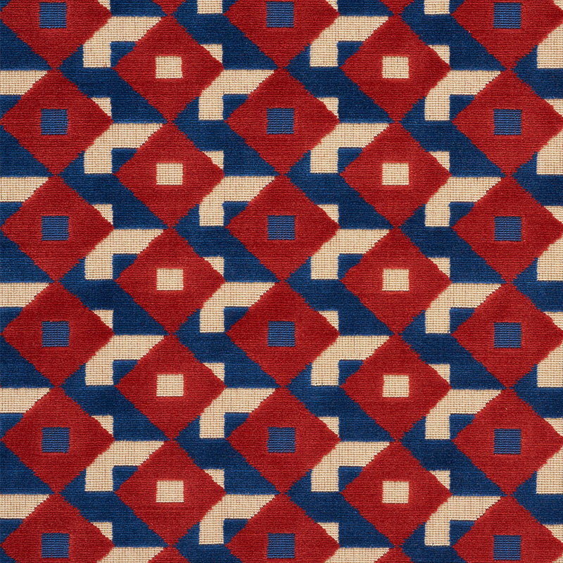 Dazzle Ship Velvet Blue & Red 77241 by Schumacher Designer Fabric JOHNSON HARTIG FOR LIBERTINE See Sample BELGIUM MEDIUM DURABILITY </p><p>Repeat: Horizontal: 5 1/2" (14CM) and Vertical: 2 1/2" (6CM) 53 1/2" 136CM - Swanky Fabrics -