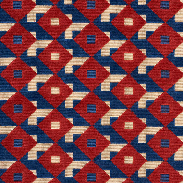 Dazzle Ship Velvet Blue & Red 77241 by Schumacher Designer Fabric JOHNSON HARTIG FOR LIBERTINE See Sample BELGIUM MEDIUM DURABILITY </p><p>Repeat: Horizontal: 5 1/2" (14CM) and Vertical: 2 1/2" (6CM) 53 1/2" 136CM - Swanky Fabrics -