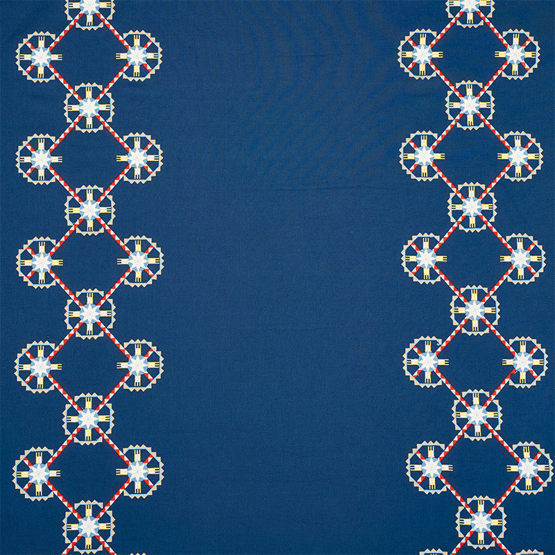 Chamizal Embroidery Blue & Red 77601 by Schumacher Designer Fabric TRUE WEST LINEN 52% COTTON 44% INDIA </p><p>Repeat: Horizontal: 28 1/2" (72CM) and Vertical: 7 1/2" (19CM) 55 - Swanky Fabrics -
