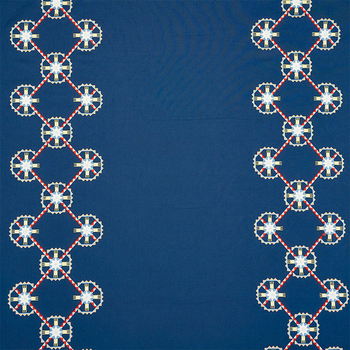 Chamizal Embroidery Blue & Red 77601 by Schumacher Designer Fabric TRUE WEST LINEN 52% COTTON 44% INDIA </p><p>Repeat: Horizontal: 28 1/2" (72CM) and Vertical: 7 1/2" (19CM) 55 - Swanky Fabrics -