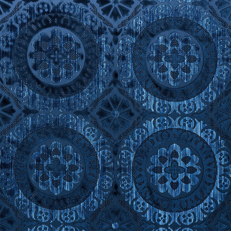 Suzani Strie Velvet Sapphire 77640 by Schumacher Designer Fabric CUT & PATTERNED VELVETS See Sample INDIA - </p><p>Repeat: Horizontal: 13 1/2" (34CM) and Vertical: 12 3/4" (32CM) 54 1/4" (138CM) - Swanky Fabrics -