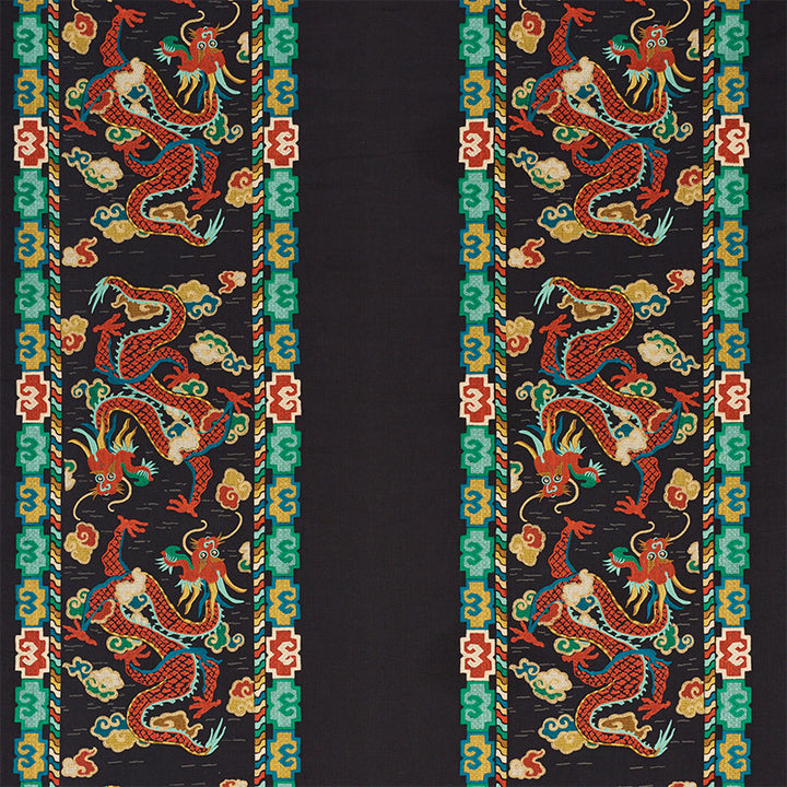 Lotan Dragon Embroidery Black 78090 by Schumacher Designer Fabric FIRE BREATHER LINEN 65% POLYESTER 35% INDIA </p><p>Repeat: Horizontal: 26 1/2" (67CM) and Vertical: 30" (76CM) 58.5 - Swanky Fabrics -