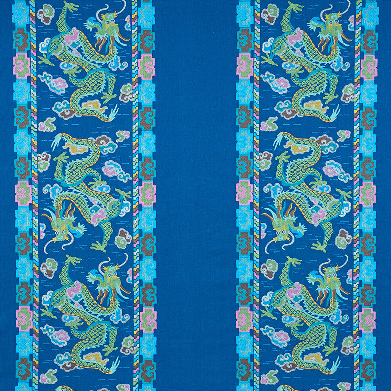Lotan Dragon Embroidery Blue 78091 by Schumacher Designer Fabric FIRE BREATHER See Sample INDIA - </p><p>Repeat: Horizontal: 26 1/2" (67CM) and Vertical: 30" (76CM) 58 1/2" (149CM) - Swanky Fabrics -