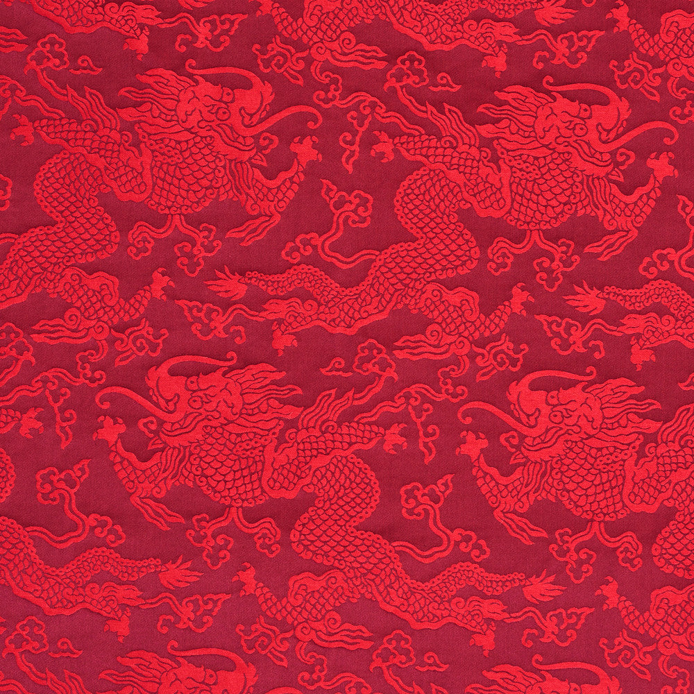 Ruan Dragon Damask Garnet 78101 by Schumacher Designer Fabric FIRE BREATHER See Sample ITALY - </p><p>Repeat: Horizontal: 13" (33CM) and Vertical: 20 7/8" (53CM) 57 3/4" (147CM) - Swanky Fabrics -