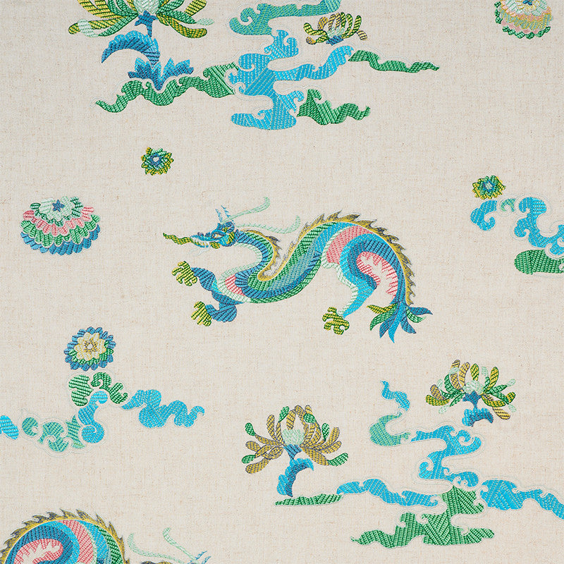 Hanlun Dragon Embroidery Natural 78110 by Schumacher Fabric Schumacher Fabric Hanlun Dragon Embroidery Natural 78110Fabric LINEN 80% INDIA </p><p>Repeat: H: HORZ. 52 1/4" (133CM) , V: VERT. 30 1/4" (77CM) 52.25 - Fabric Carolina -