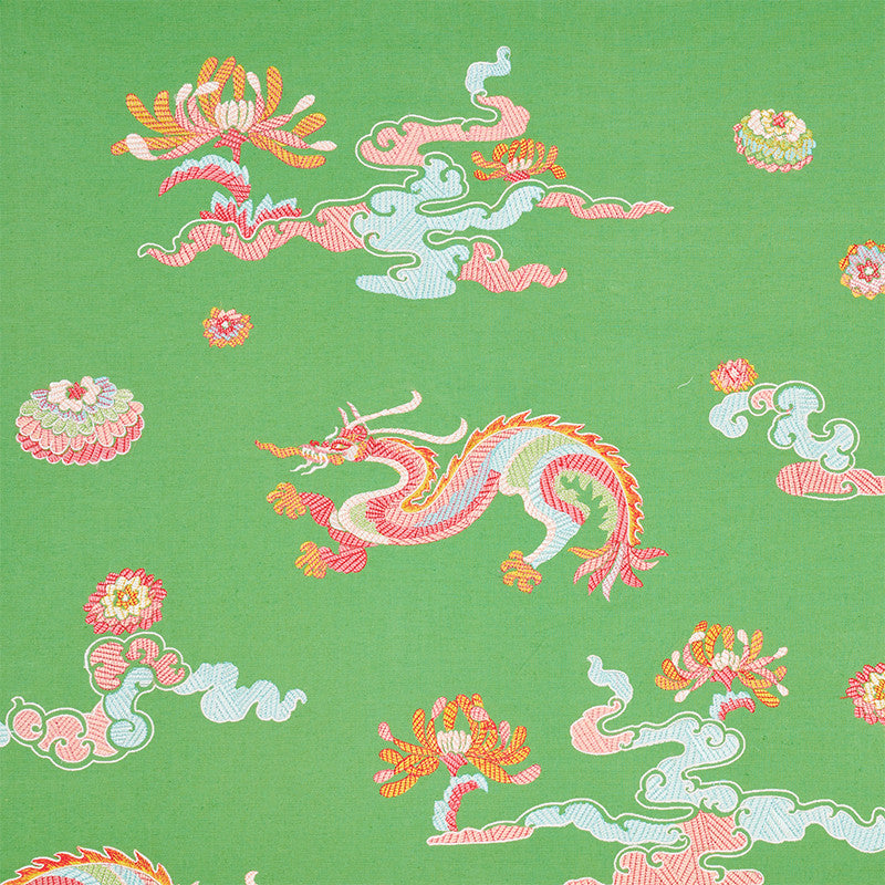 Hanlun Dragon Embroidery Green 78112 by Schumacher Designer Fabric FIRE BREATHER See Sample INDIA - </p><p>Repeat: Horizontal: 52 1/4" (133CM) and Vertical: 30 1/4" (77CM) 52 1/4" (133CM) - Swanky Fabrics -