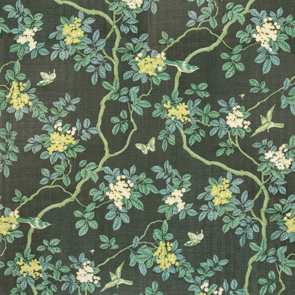 7814-15 Birds And Butterfly Herringbone Woodland by Bassett Mcnab Designer Fabric BASSETT MCNAB ORIGINS 100%LIN USA Horizontal: 48 and Vertical: 49 48 in - Swanky Fabrics -