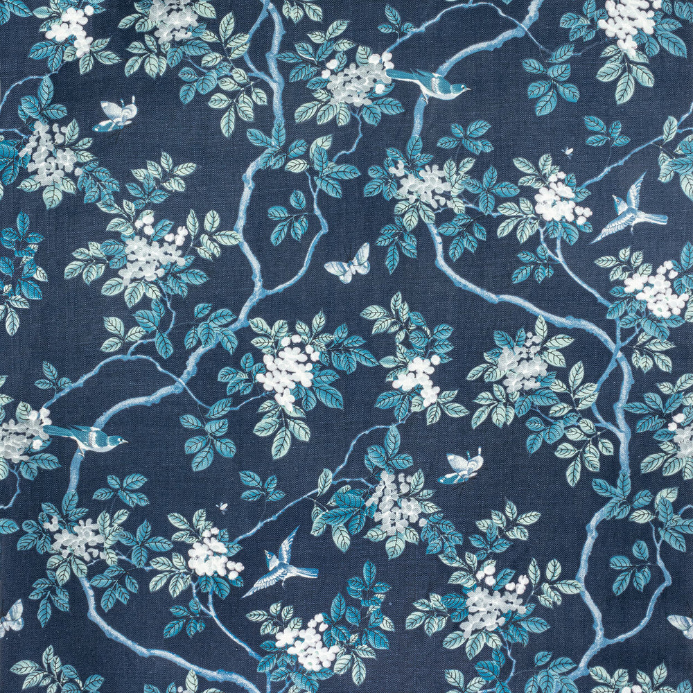 7814-44 Birds And Butterfly Herringbone Riptide by Bassett Mcnab Designer Fabric BASSETT MCNAB ORIGINS 100%LIN USA Horizontal: 48 and Vertical: 49 48 in - Swanky Fabrics -