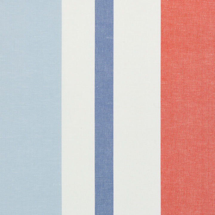 Lolland Linen Stripe Sky & Coral 79662 by Schumacher Designer Fabric SCANDINAVIAN MODERN See Sample INDIA - </p><p>Repeat: Horizontal: 54" (137CM) and Vertical: - 54" (137CM) - Swanky Fabrics -