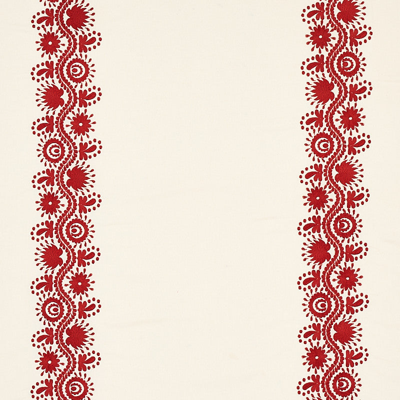 Theodora Embroidery Red 80742 by Schumacher Fabric Schumacher Fabric Theodora Embroidery Red 80742Fabric LINEN 50% INDIA </p><p>Repeat: H: HORZ. 25 3/5" (65CM), V: VERT. 51" (130CM) 51 - Fabric Carolina -