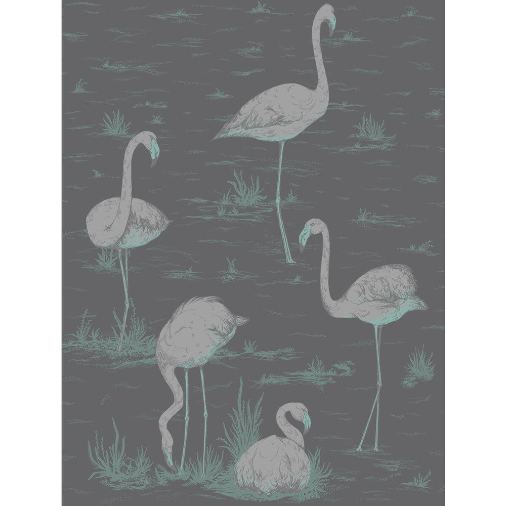 Flamingos Teal/Slvr/Bk by Cole & Son Designer Wallcovering CONTEMPORARY RESTYLED PAPER - 100% United Kingdom Horizontal: 21 and Vertical: 27.5 21 - Swanky Fabrics -