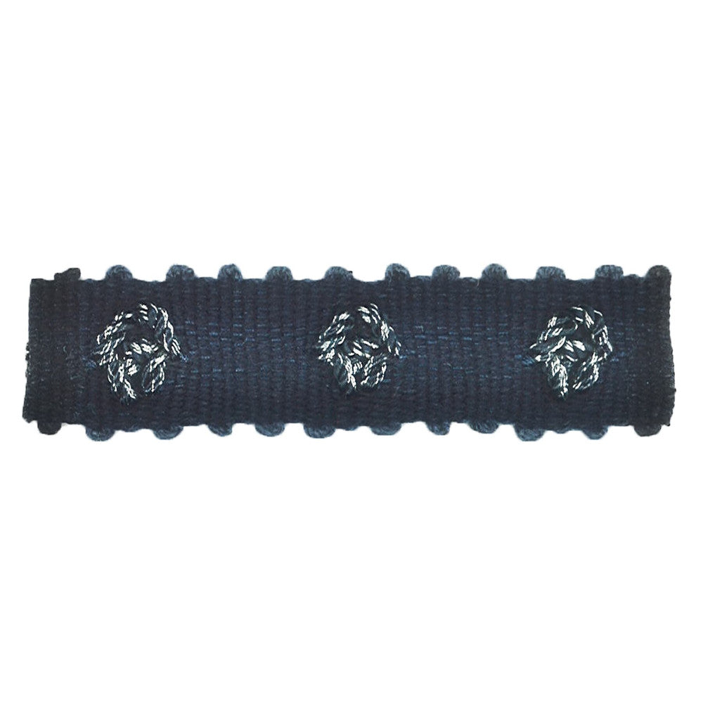 Abruzzi 6 Indigo by Stout Trim Stout Trim Abruzzi 6 IndigoTrim MOONDUST TRIM 48%SVI 37%LIN 15%MTL CHINA </p><p>Repeat: H: 0.000, V: 0.000 0.88 in - Fabric Carolina -