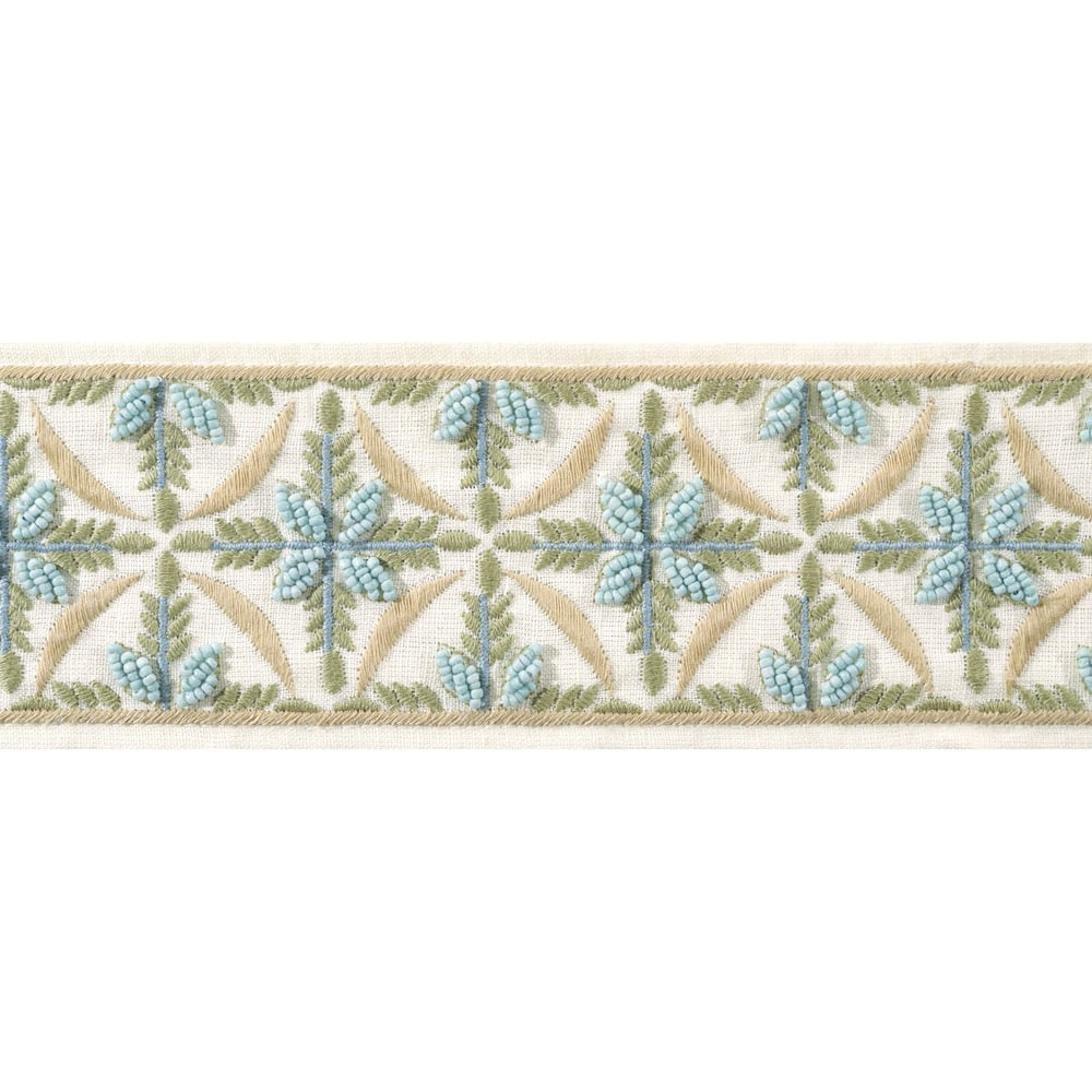 Leila Tape Aqua and Willow AE12341 by Thibaut Trim Thibaut Trim Leila Tape Aqua and Willow AE12341Trim ISLANDER 60% Polyester, 22% Cotton, 18% Linen U.S.A </p><p>Repeat: H: , V: 3.12 in  (7.92 cm) - Fabric Carolina -