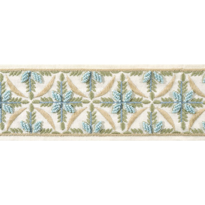 Leila Tape Aqua and Willow AE12341 by Thibaut Trim Thibaut Trim Leila Tape Aqua and Willow AE12341Trim ISLANDER 60% Polyester, 22% Cotton, 18% Linen U.S.A </p><p>Repeat: H: , V: 3.12 in  (7.92 cm) - Fabric Carolina -