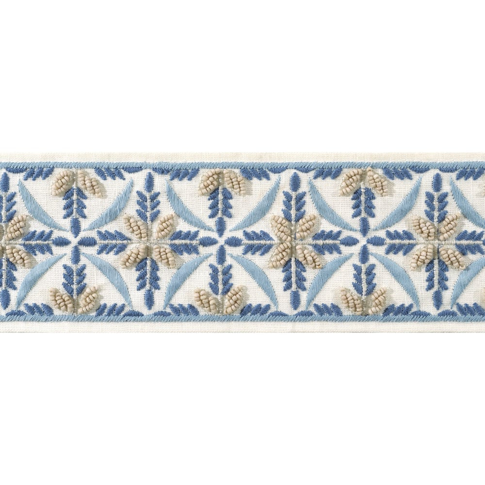 Leila Tape Stone and Blue AE12343 by Thibaut Trim Thibaut Trim Leila Tape Stone and Blue AE12343Trim ISLANDER 60% Polyester, 22% Cotton, 18% Linen U.S.A </p><p>Repeat: H: , V: 3.12 in  (7.92 cm) - Fabric Carolina -