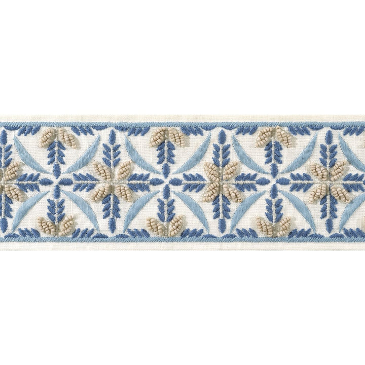 Leila Tape Stone and Blue AE12343 by Thibaut Trim Thibaut Trim Leila Tape Stone and Blue AE12343Trim ISLANDER 60% Polyester, 22% Cotton, 18% Linen U.S.A </p><p>Repeat: H: , V: 3.12 in  (7.92 cm) - Fabric Carolina -