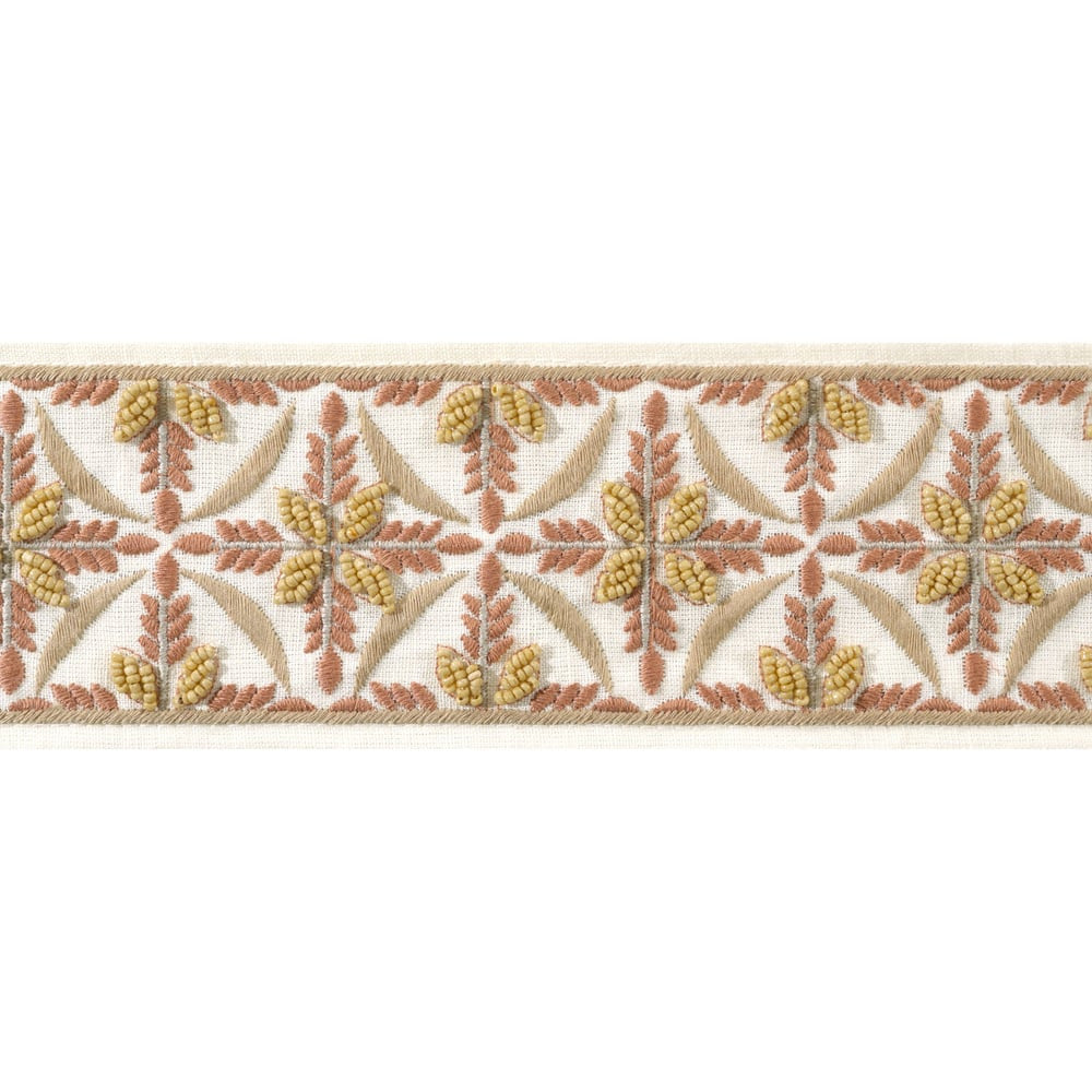 Leila Tape Soft Gold and Ginger AE12344 by Thibaut Trim Thibaut Trim Leila Tape Soft Gold and Ginger AE12344Trim ISLANDER 60% Polyester, 22% Cotton, 18% Linen U.S.A </p><p>Repeat: H: , V: 3.12 in  (7.92 cm) - Fabric Carolina -