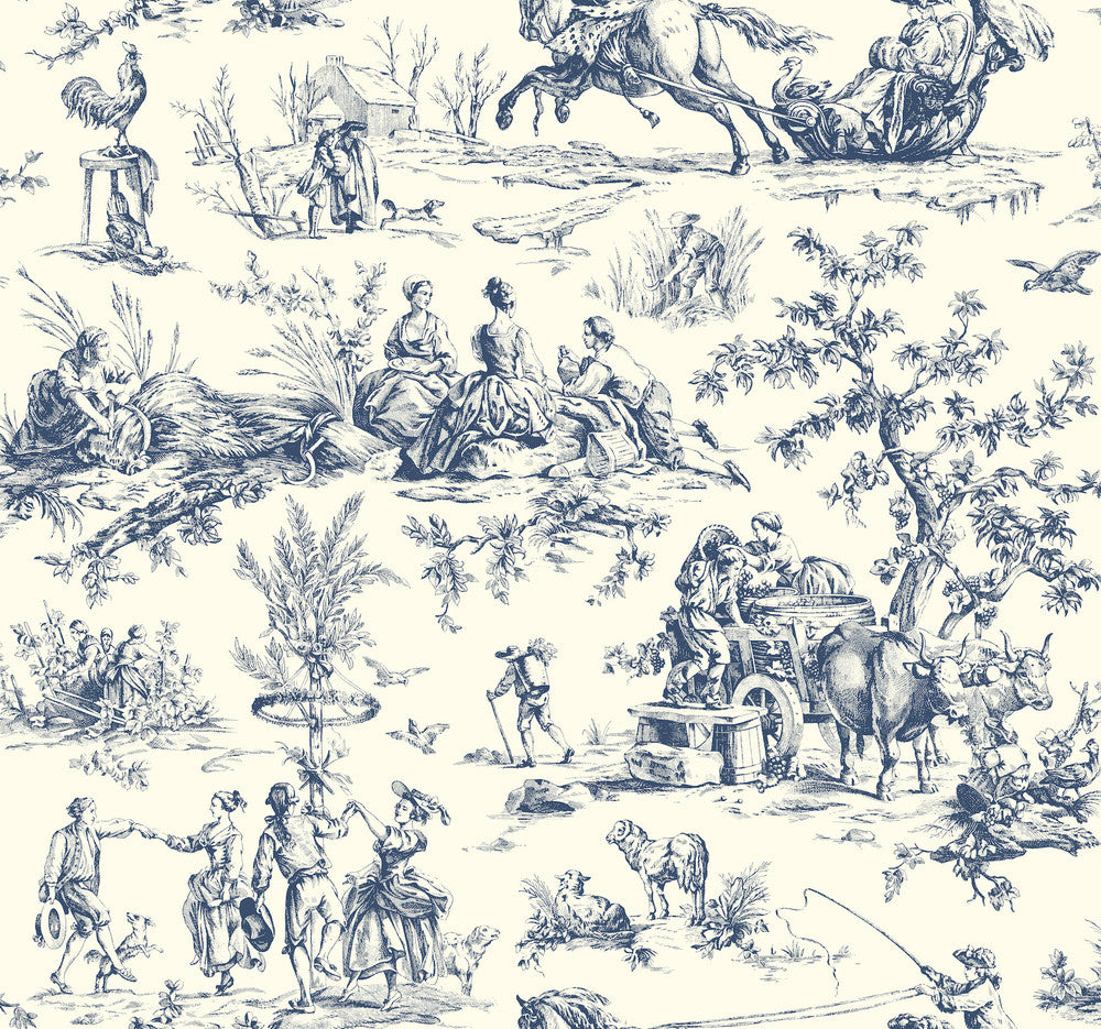 Seasons Toile Navy Wallpaper by York Wallcoverings Designer Toile Resource Library Covers about 60.8 square feet 27-in by 27-ft long roll Prepasted 25.25 - Swanky Fabrics -