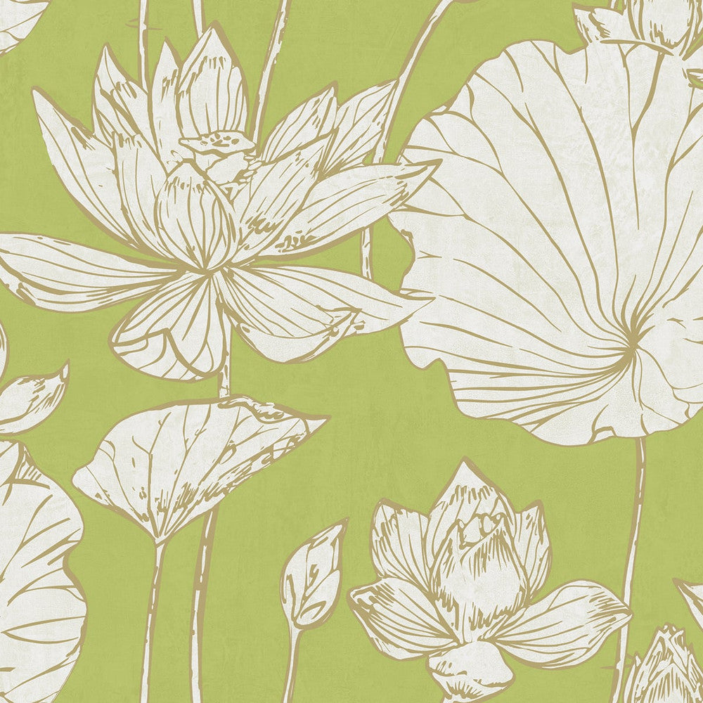 Lotus Floral Metallic Gold and Lime Green AI42304 by Seabrook Designs Designer Wallpaper
